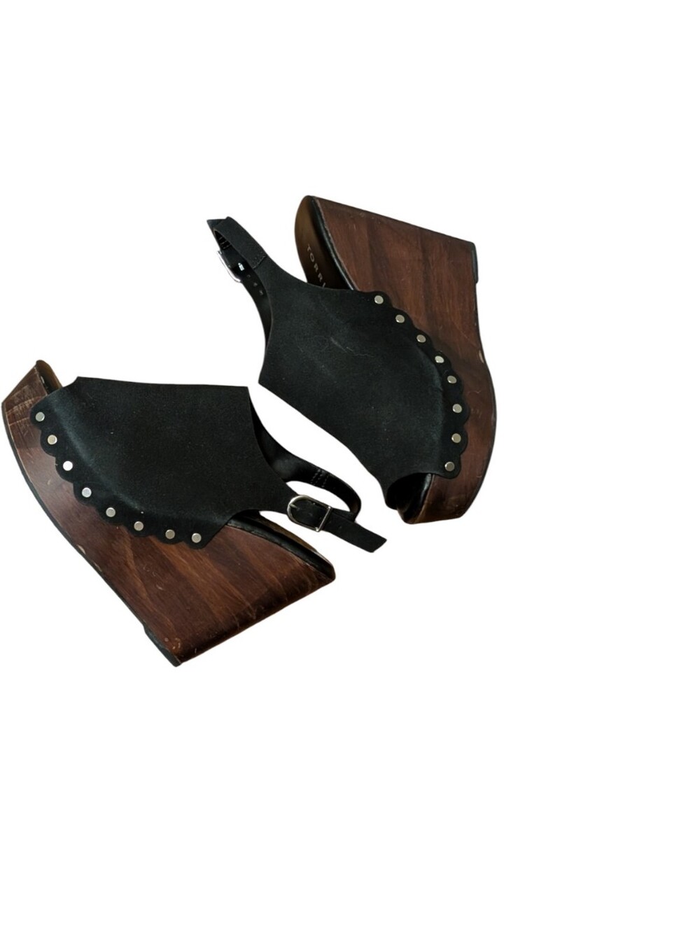 Torrid Black Studded peep toe Platform Wood Wedges back strap - Picture 9 of 10